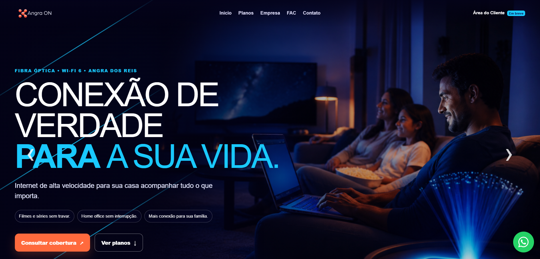 Hero completa da landing page da Angra ON com menu de navegação